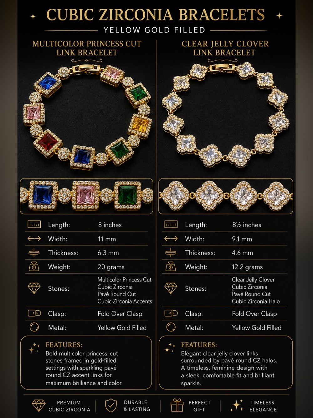Pretty Bird Yellow Gold Multicolor Princess-Cut & Jelly Clover CZ Bracelets - Picture 3 of 13